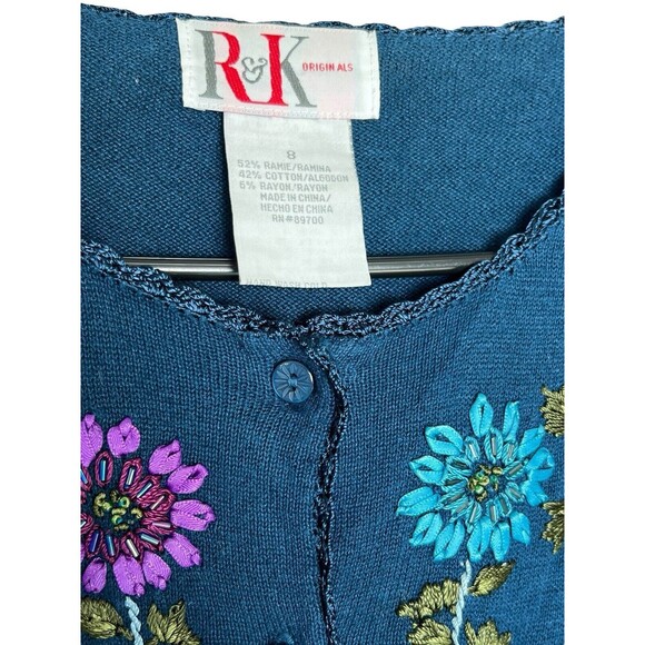 Vintage 90s Women’s R&K Short Sleeve Cardigan Sweater 8/M, Blue‎ W/ Flower - Picture 5 of 9